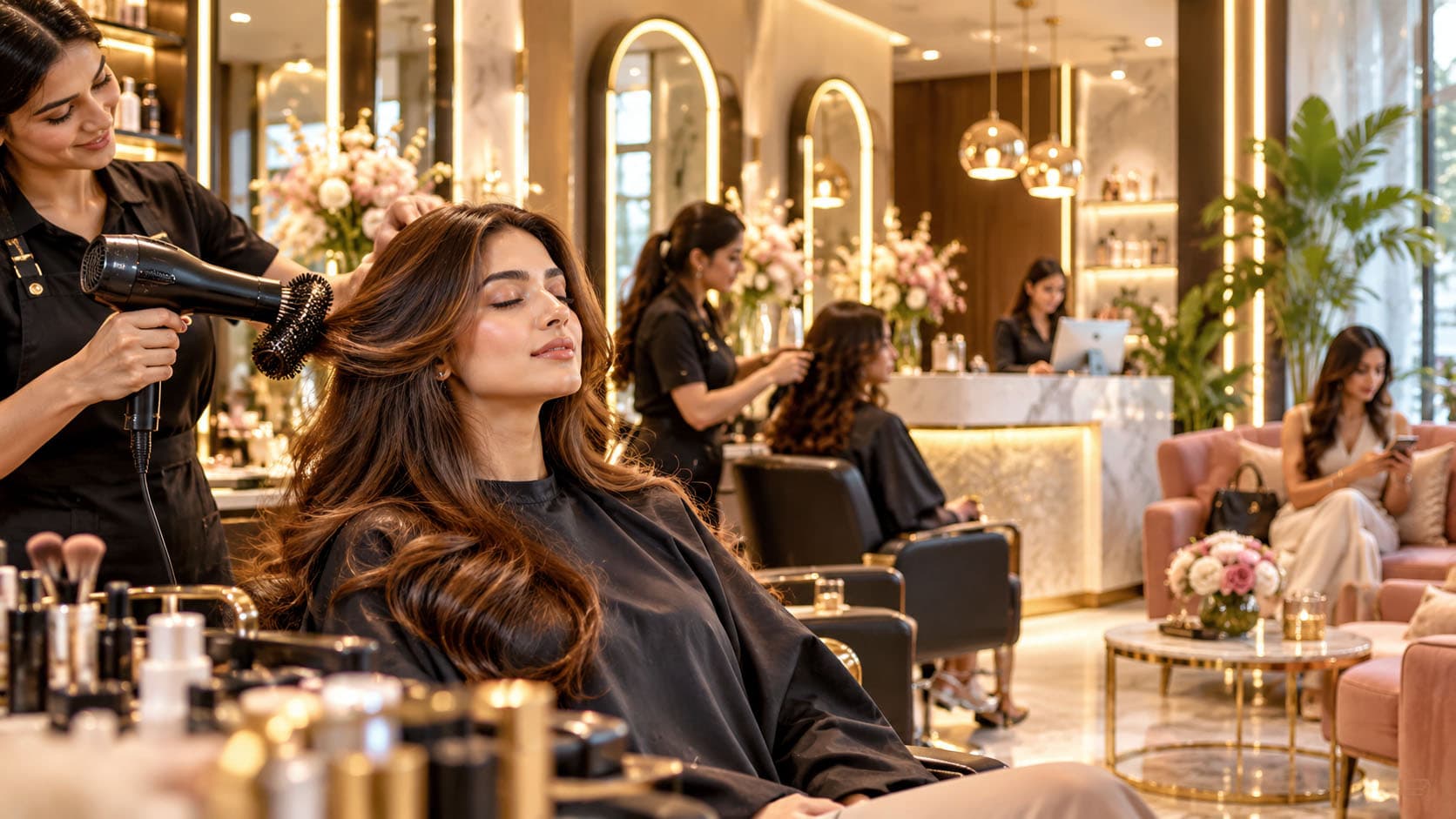 Luxury bustling salon with premium clients
